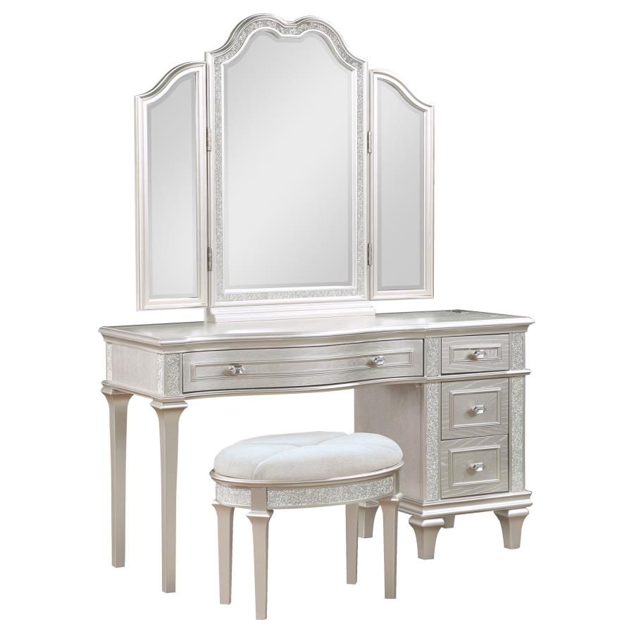 (image for) Evangeline 4-drawer Vanity Set with Stool Silver Oak