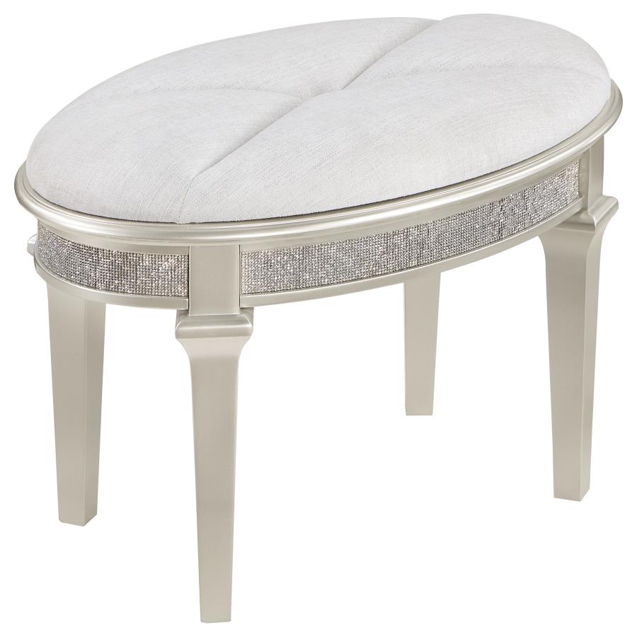 (image for) Evangeline Upholstered Oval Vanity Stool Silver and Ivory