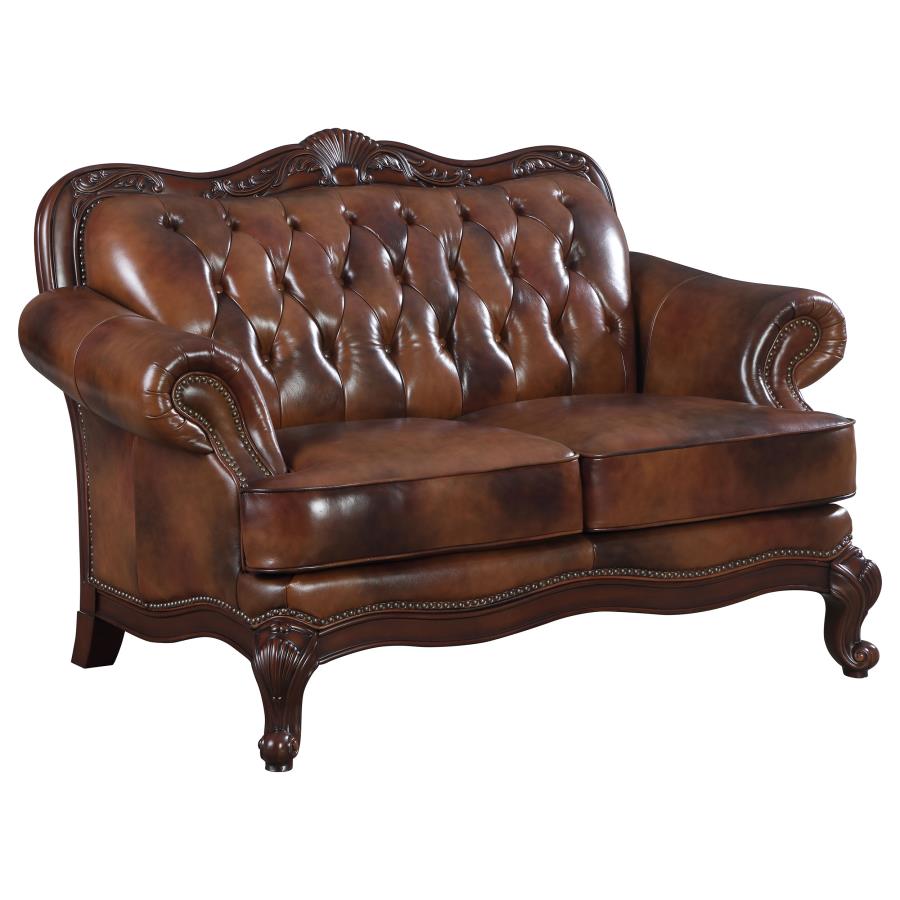 (image for) Victoria Full Leather Upholstered Rolled Arm Loveseat Brown