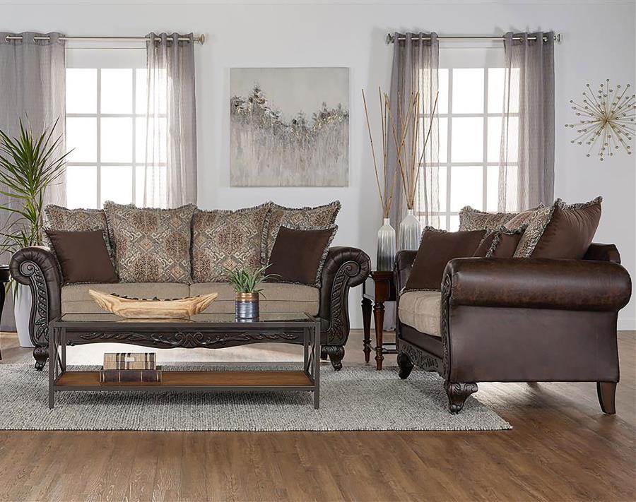 (image for) Elmbrook 2-piece Upholstered Rolled Arm Sofa Set Brown