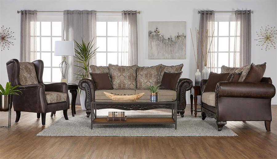 (image for) Elmbrook 3-piece Upholstered Rolled Arm Sofa Set Brown