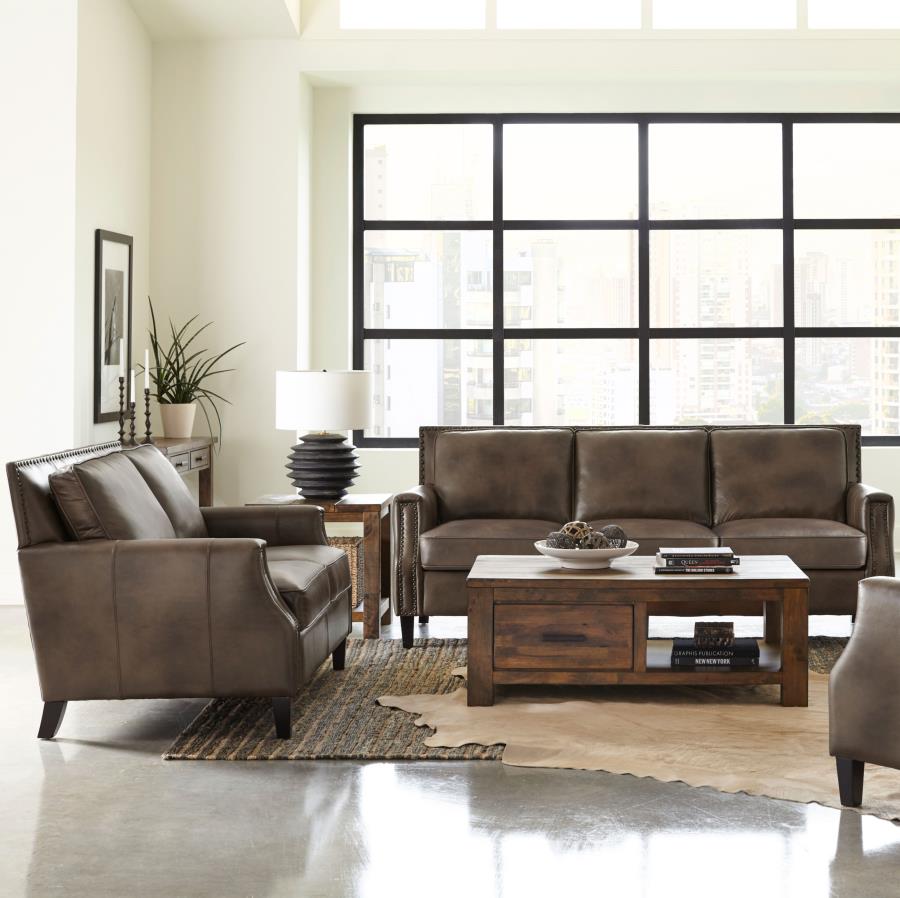 (image for) Leaton 2-piece Upholstered Recessed Arm Sofa Set Brown Sugar