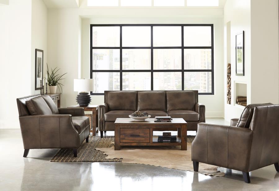 (image for) Leaton 3-piece Upholstered Recessed Arm Sofa Set Brown Sugar