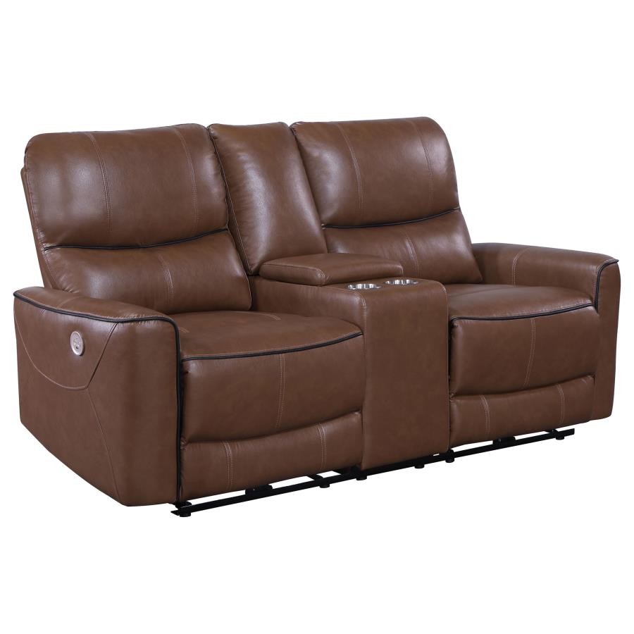 (image for) Greenfield Upholstered Power Reclining Loveseat Saddle Brown