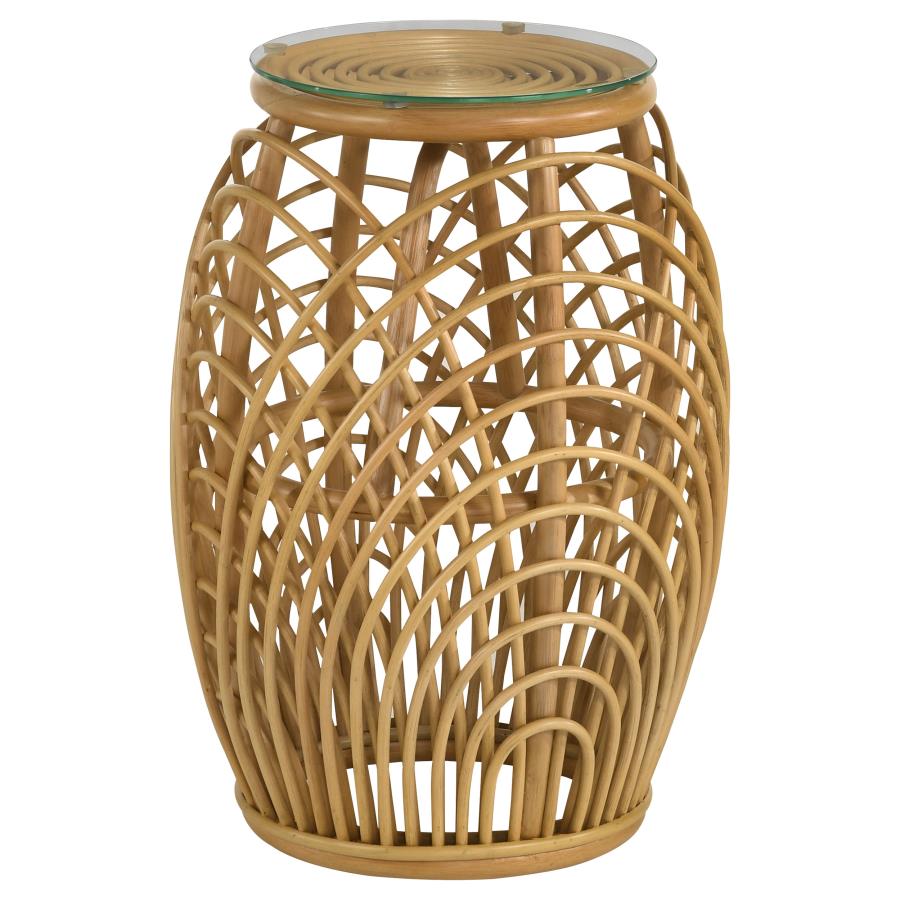 (image for) Dahlia Round Glass Top Woven Rattan End Table Natural