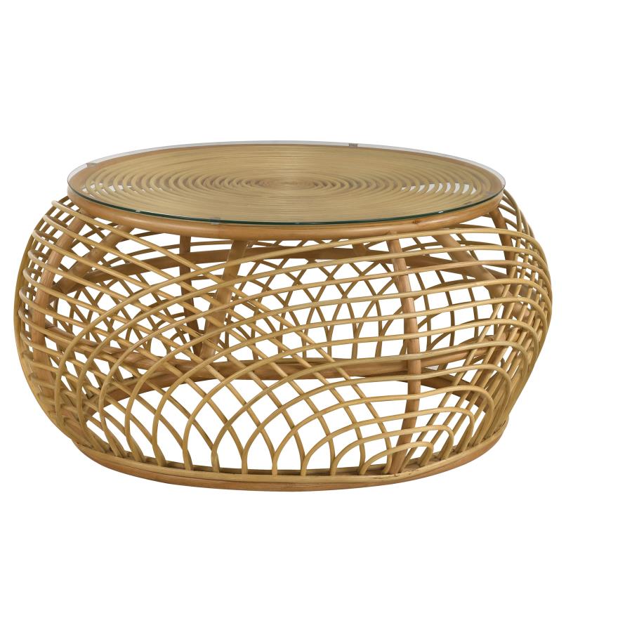 (image for) Dahlia Round Glass Top Woven Rattan Coffee Table Natural