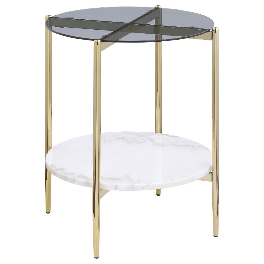 (image for) Jonelle Round Glass Top End Table White Marble Shelf Gold