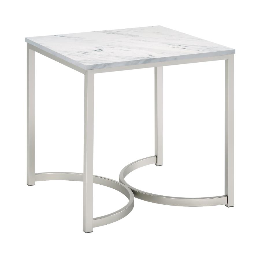 (image for) Leona Square Faux Marble Side End Table Satin Nickel