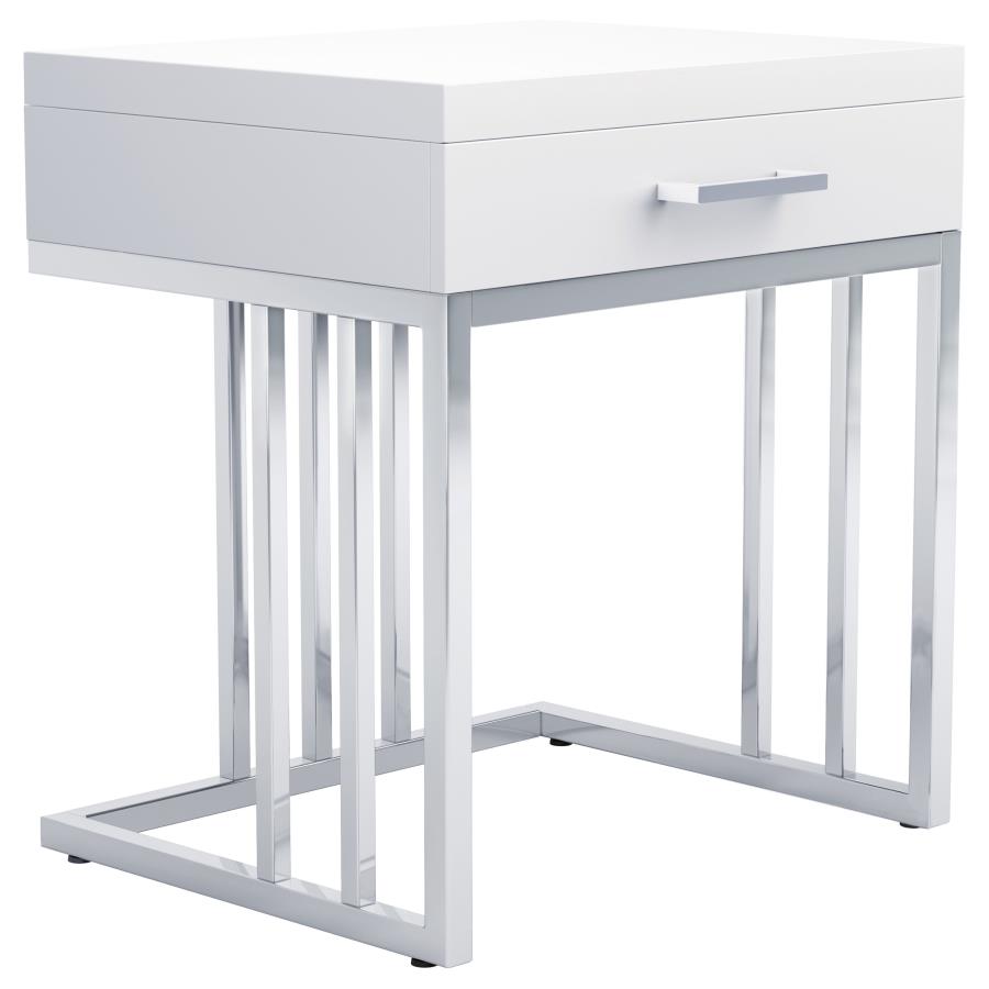 (image for) Dalya 1-drawer Rectangular End Table Glossy White and Chrome