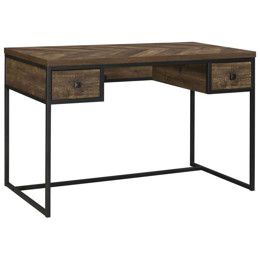 (image for) Millbrook 2-drawer Writing Desk Rustic Oak Herringbone and Gunmetal