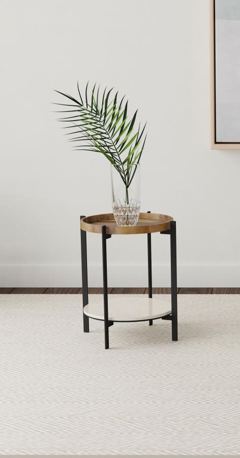 (image for) Adhvik Round Side Table with Marble Shelf Natural and Black