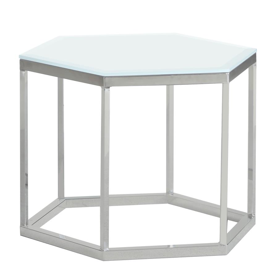 (image for) Hexagon Glass Top Accent Table White and Silver