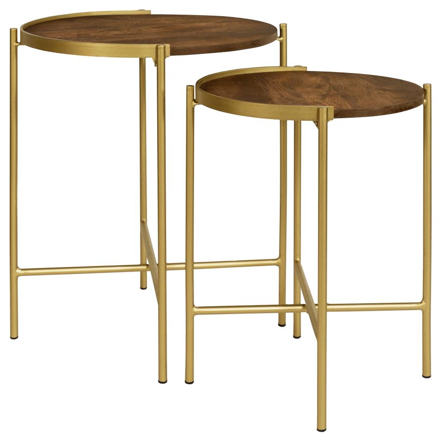 (image for) Malka 2-piece Round Wood Nesting Table Dark Brown and Gold